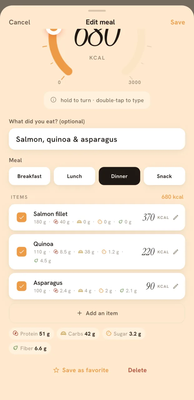 A meal broken down into items with their nutrients