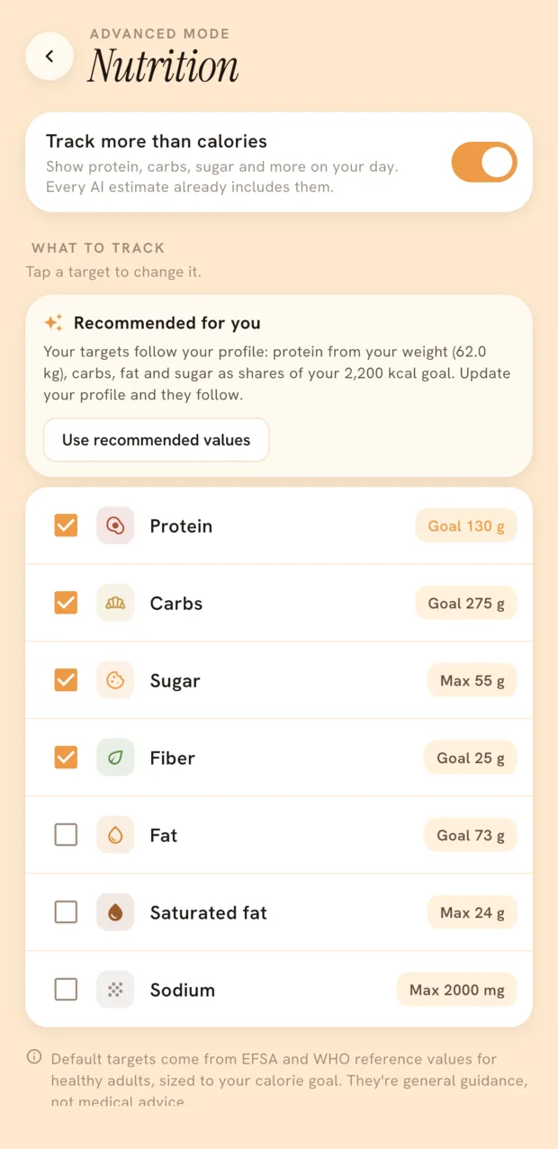 Nutrition settings — tracked nutrients and recommended targets